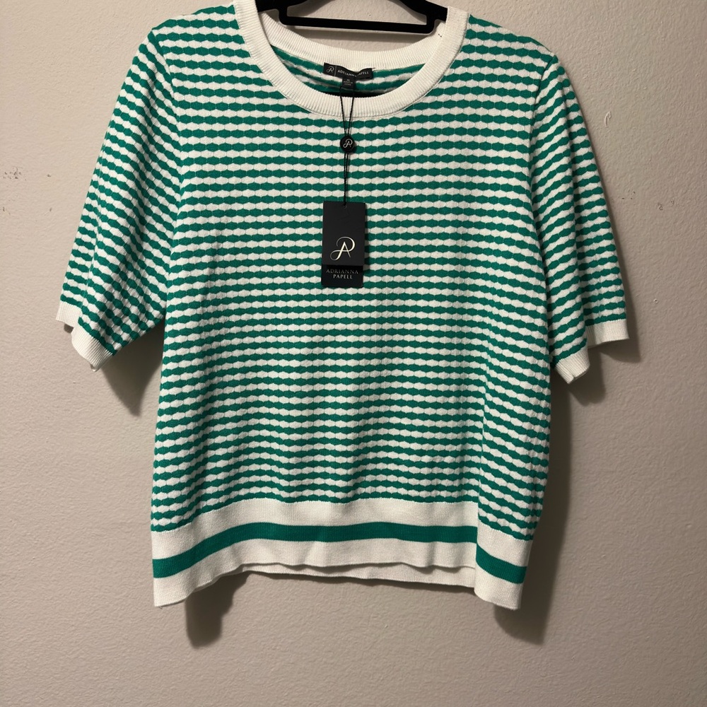 Adrianna Papell Green & White Geometric Stripe Knit Top